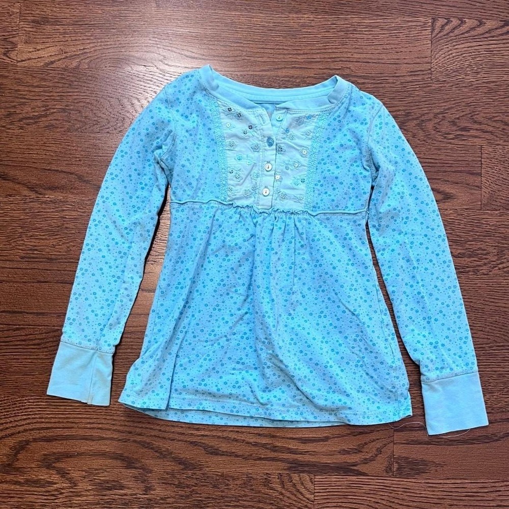 🍟y2k KIDS girls blue sequin floral button up baby‎ doll top small